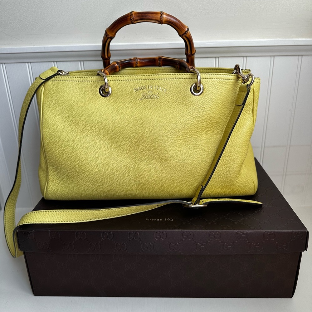 Gucci Yellow Leather Bamboo Handle Tote with Shoulder Strap